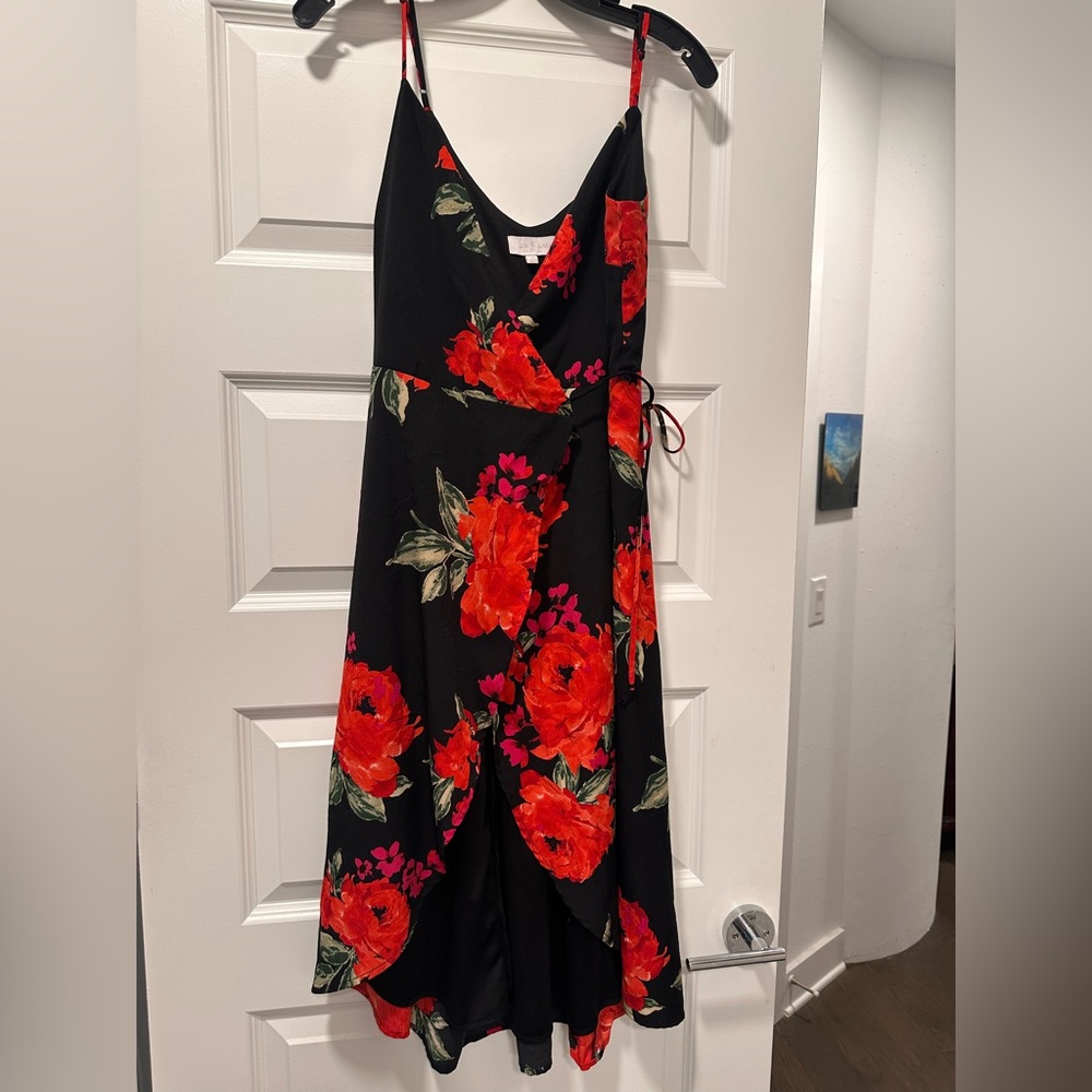 Red and Green Asymmetrical Wrap Sundress V-neck